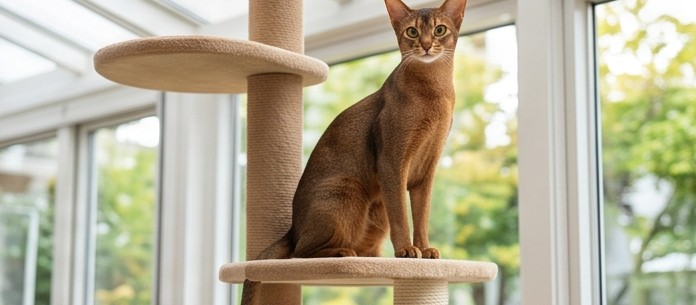キャットタワーの上のアビシニアン