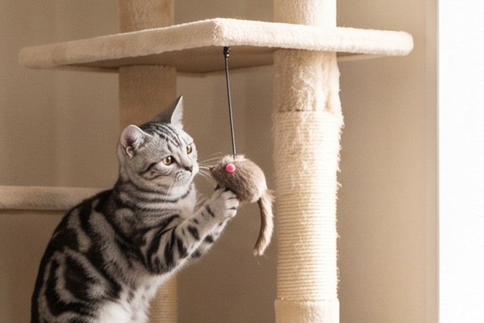 爪とぎタワーで遊ぶ猫