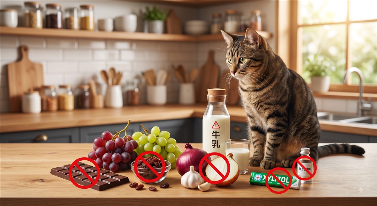 禁止マークが付いたチョコレートやぶどうを見つめる猫