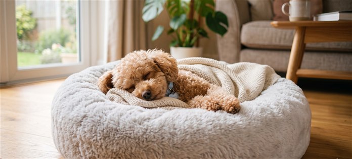 ふわふわのベッドで丸くなって眠るトイ・プードル
